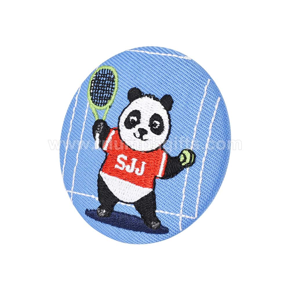 Embroidered panda tennis player badge showcasing custom sports embroidery for promotional gifts and awards.