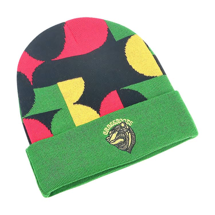 Bold, colorful crossfit beanie with a green fold-over cuff featuring the CrossFit logo embroidery, designed for promotional branding and athletic wear.
