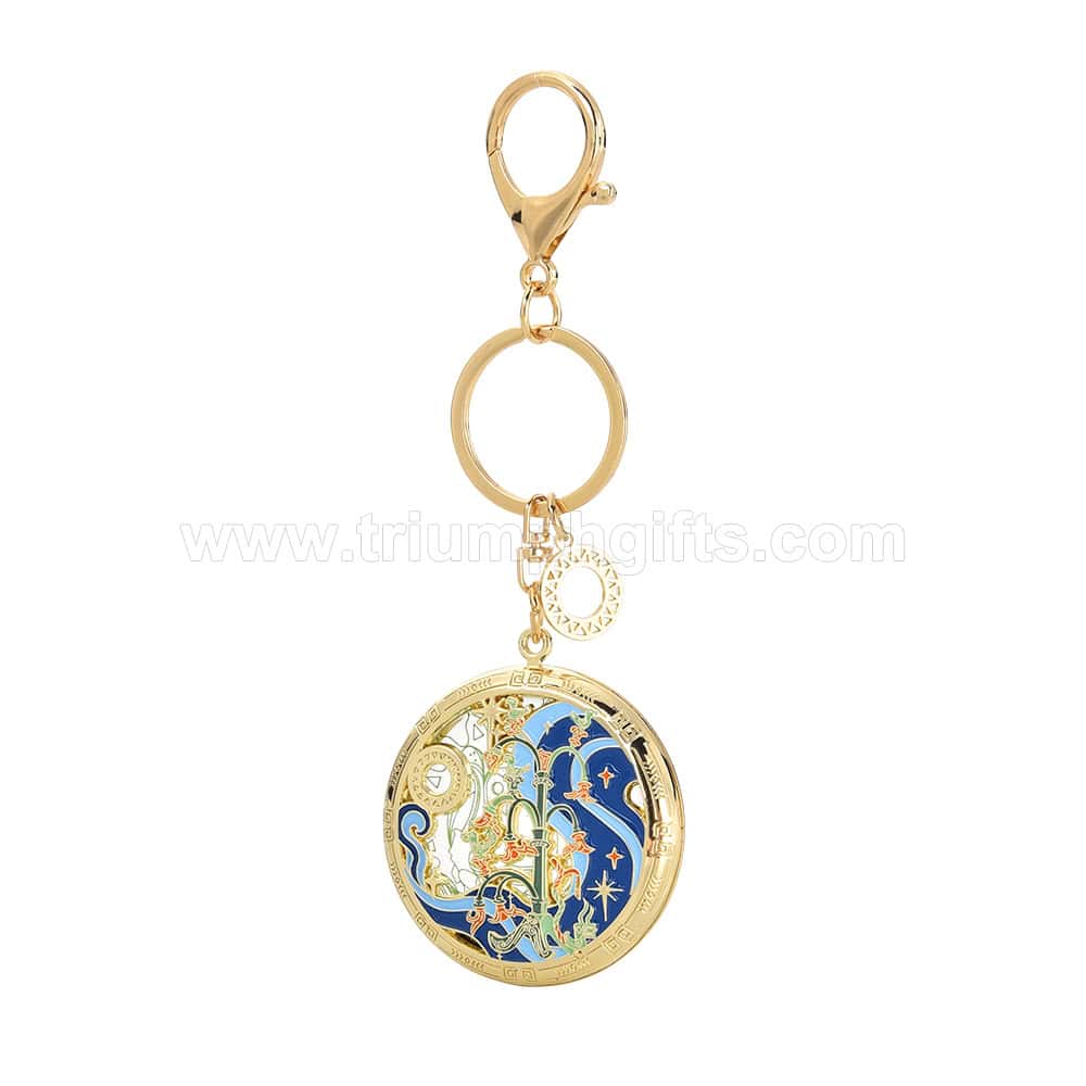Shiny gold keychain with an intricate, colorful celestial design featuring stars, clouds, and mythical elements, ideal for promotional gifts and awards.