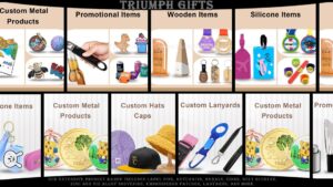 Triumph Gifts custom corporate gifts and promotional merchandise collection showcasing metal pins, patches, lanyards, silicone items, leather goods, wooden products, and custom hats