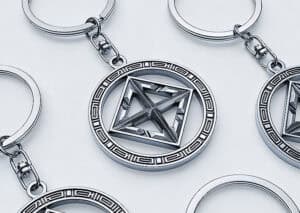 High-quality custom metal keychains featuring geometric designs, ideal for promotional branding and private label projects. Perfect for corporate gifts and marketing campaigns.