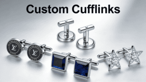 Elegant silver cufflinks with blue square stones and star-shaped designs with crystals, perfect for corporate branding and personalized accessories.