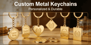 High-quality personalized metal keychains with custom engravings, featuring various shapes like circles, hearts, and squares, perfect for branding and promotional use.