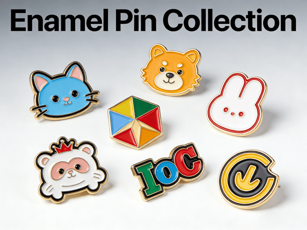 Colorful enamel pins featuring a cat, bear, rabbit, lion, and more, displayed on a white background, showcasing custom promotional products for brands and collectors.