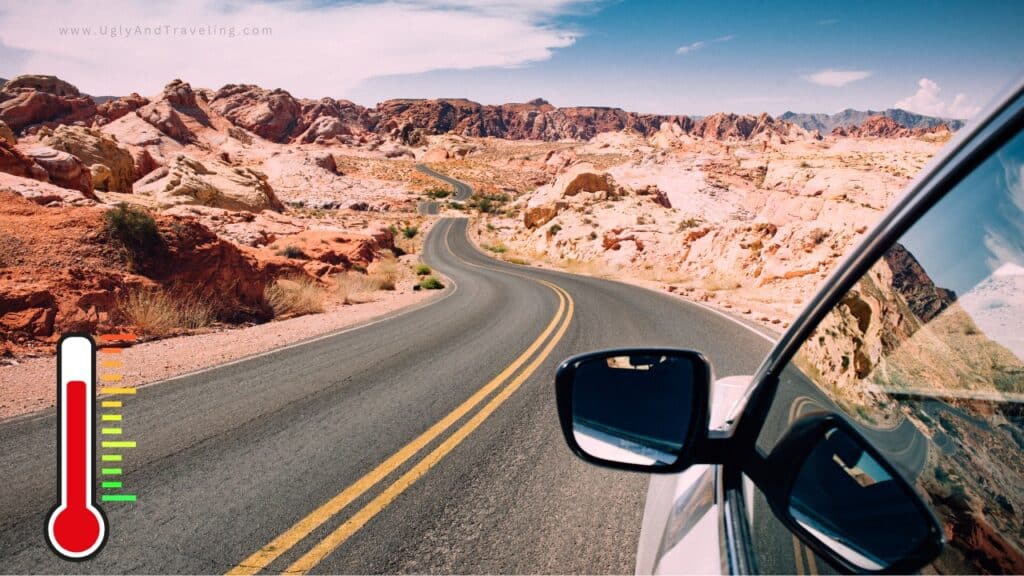 Desert canyon road trip adventure in a scenic red rock landscape with a car and winding highway.