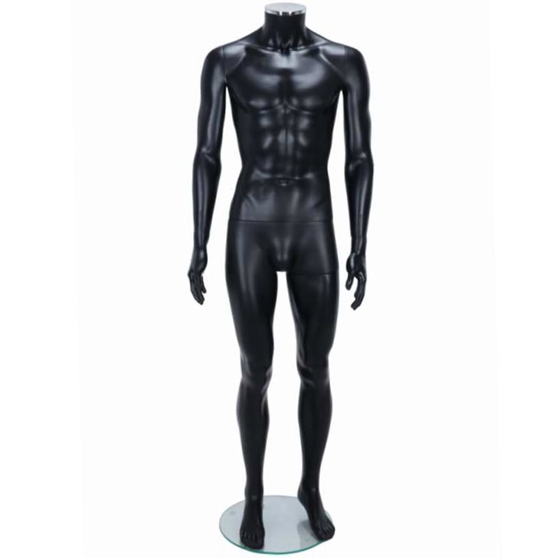 Matt black headless male shop mannequin chrome neck cap front view