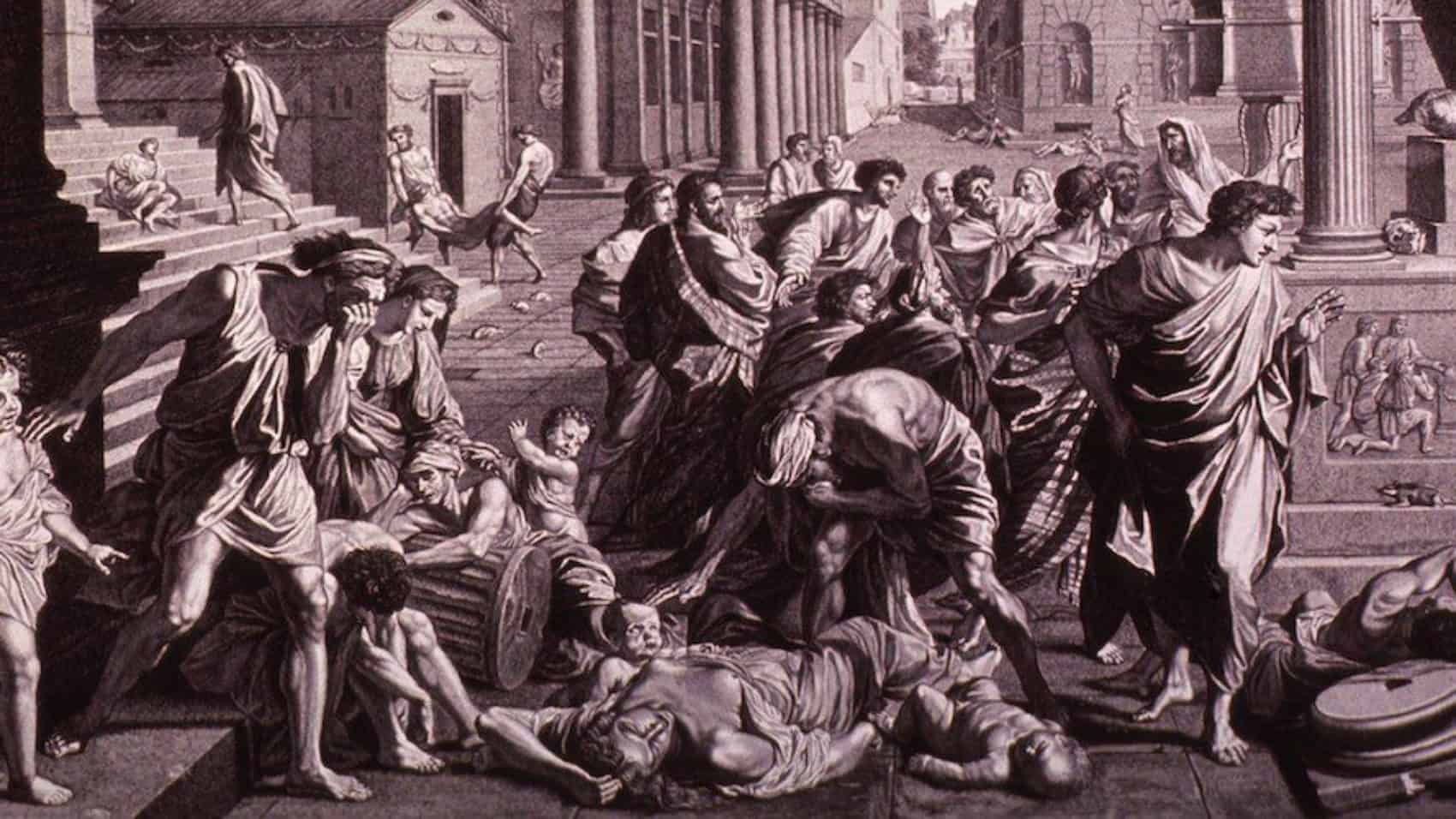 THE PLAGUE OF ASHDOD or EPIDEMIC AMONG THE PHILISTINES. The Old Testament scene shows God's destruction of the temple and idol of Dagon. Engraving by Picart after Poussin painting of 1660.