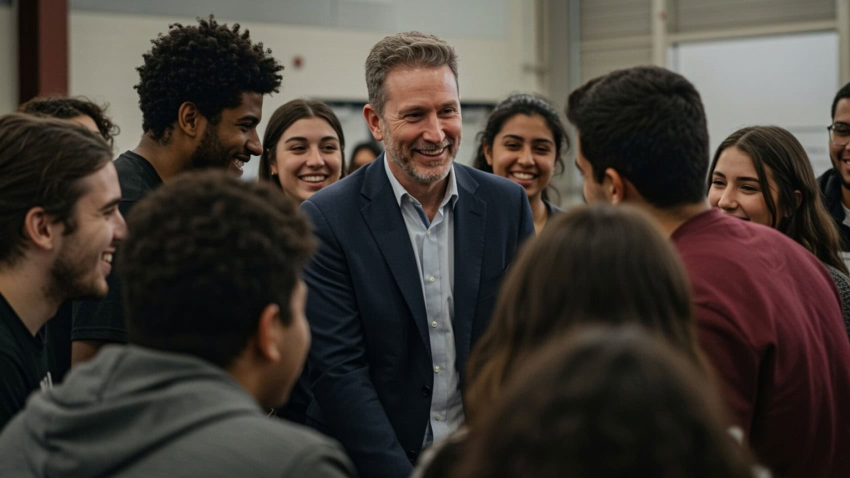 Indoor,Photo,Of,An,Ordinary,Leader,Interacting,Warmly,With,His