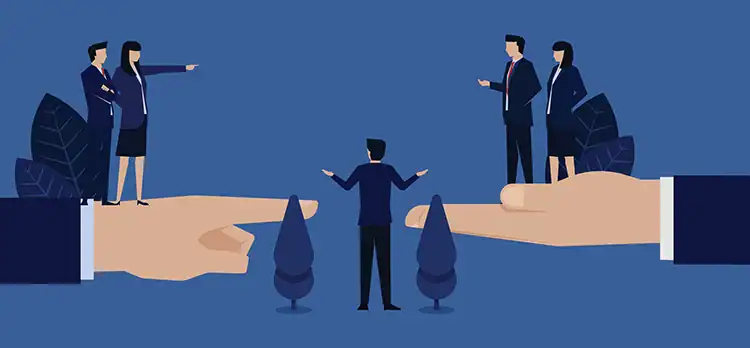 A diverse group of businesspeople standing on oversized hands, illustrating teamwork and university leadership at UVU Review.