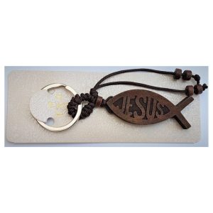 Brelok drewniany – rybka Jesus/ krzyż