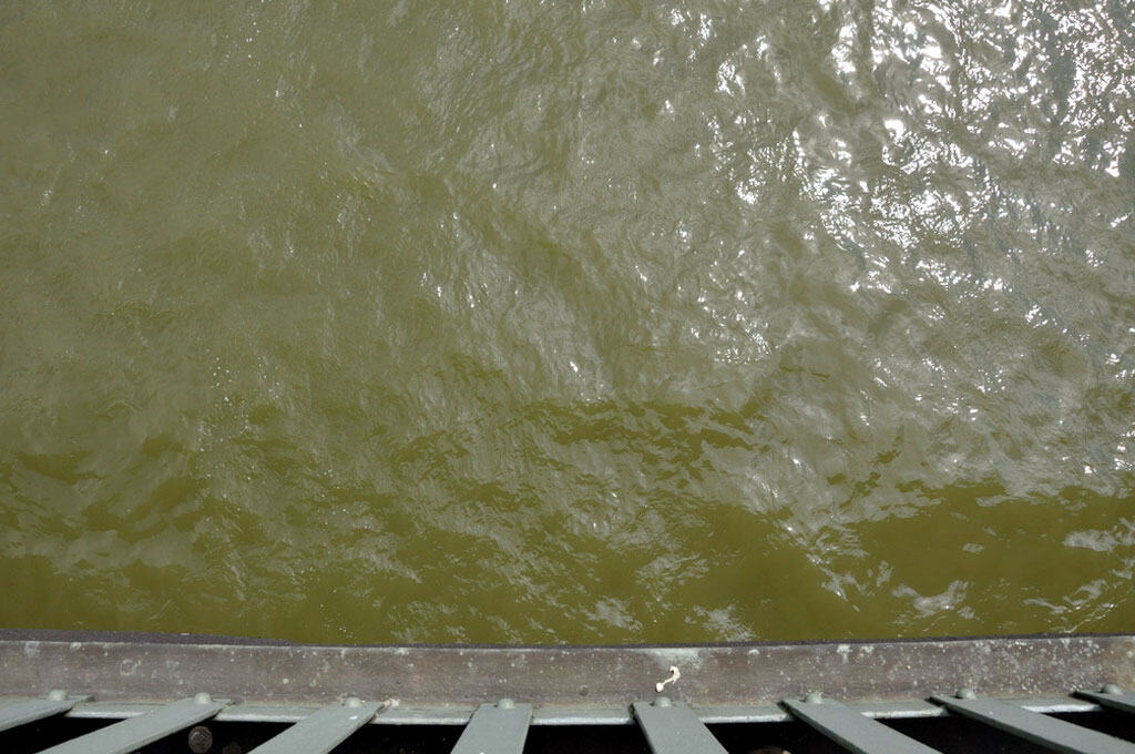 Oberer Blick auf bräunliches Wasser in einem Fluss mit Stahlgeländer im Vordergrund.