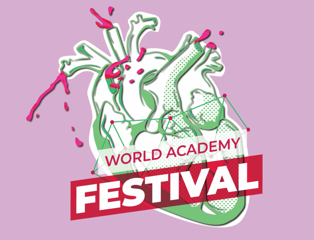 Coração com elementos gráficos em cores vibrantes e texto "World Academy Festival" para destaque digital.