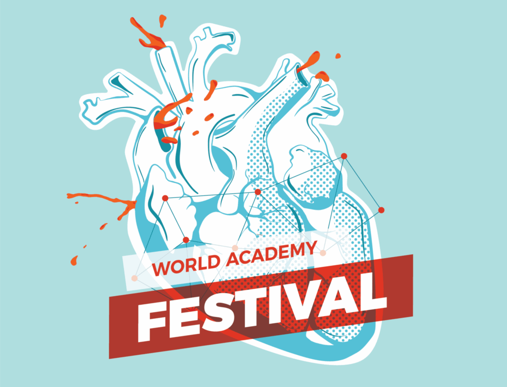 Coração ilustrado com design vibrante para promover o festival da World Academy.