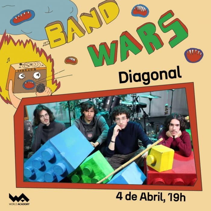 Imagem de uma banda e blocos de brinquedo com tema de guerra. Evento musical para jovens talentos.
