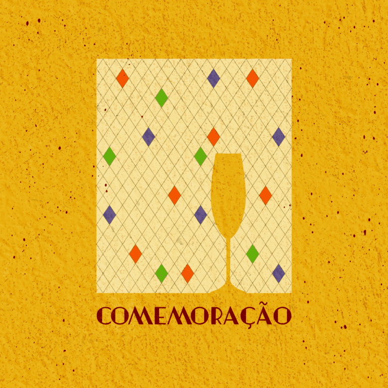 Painel de comemoração com taça de espumante e elementos coloridos para festas e eventos.