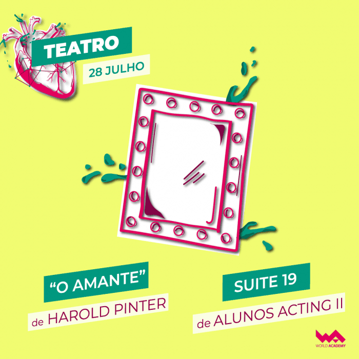Espetáculo teatral "O Amante" de Harold Pinter no World Academy, promovendo cultura e expressão artística.