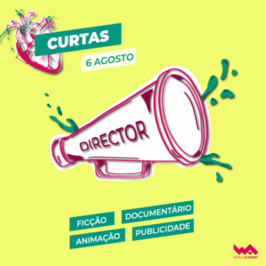 Megafone com "DIRETOR" em destaque, fundo amarelado, promovendo eventos e conteúdos audiovisuais.
