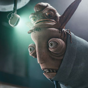 Personagem animado com expressão pensativa, iluminação dramática.