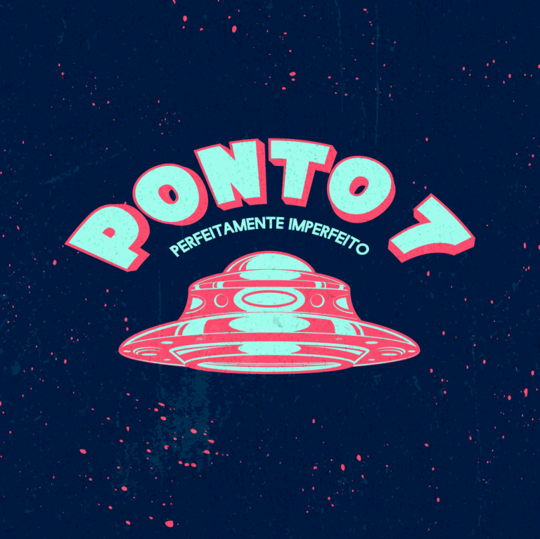 Alien UFO com letras brilhantes na galáxia.