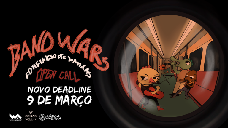 Ilustração de banda de animais tocando instrumentos no transporte público, promovendo criatividade musical.