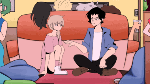 Amigos jovens conversando, animação moderna, ambiente casual com expressão séria, focada em amizade e desafios sociais.