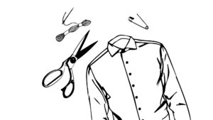 Desenho de uma cabeça sem rosto, com ferramentas de corte, roupas e acessórios de barbeiro.