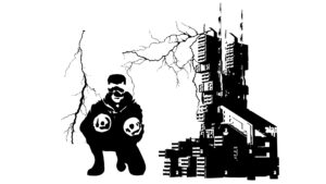 Cenário de destruição na cidade com edifícios em ruínas, relâmpagos e uma figura de caveira, símbolo de caos e desastre.