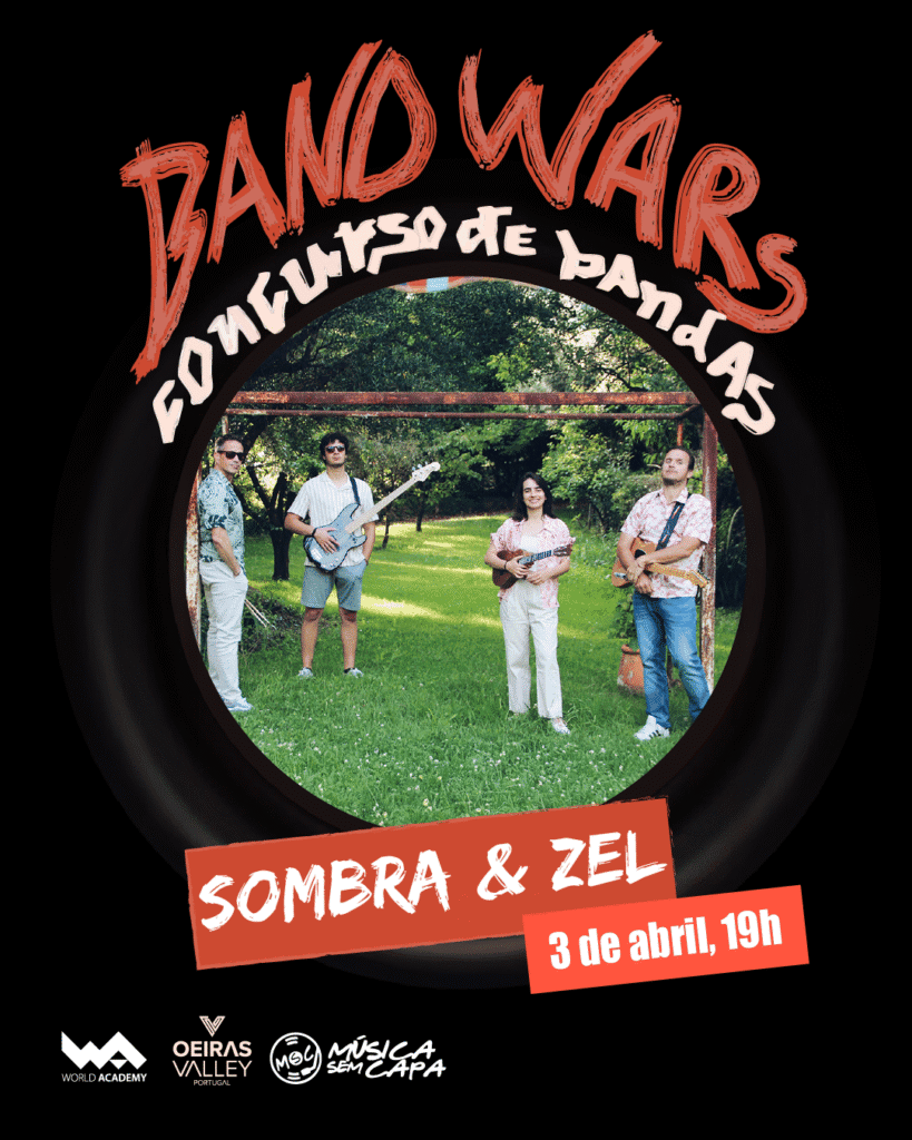 Grupo de músicos tocando ao ar livre em área verde, promovendo evento de música e cultura.