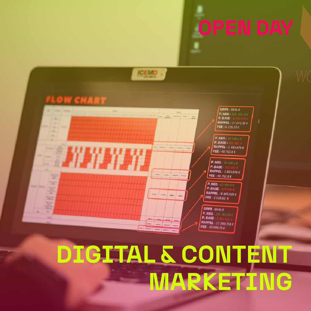 Imagem de monitor com gráficos de fluxo de dados e marketing digital na World Academy.