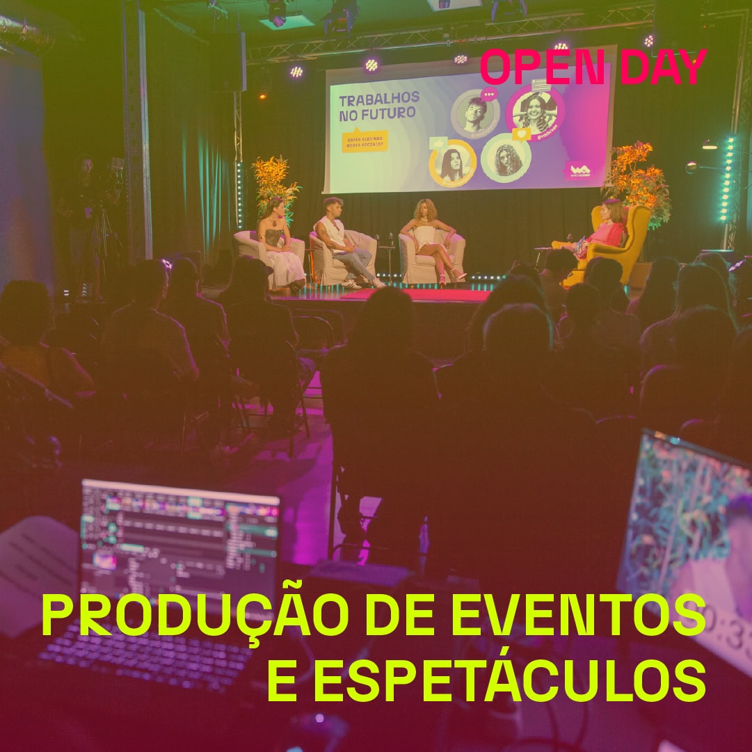 Evento de formação e espetáculos, destaque para produção de eventos e palco profissional.