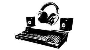 Fones de ouvido, controlador e colunas de som para produção musical.