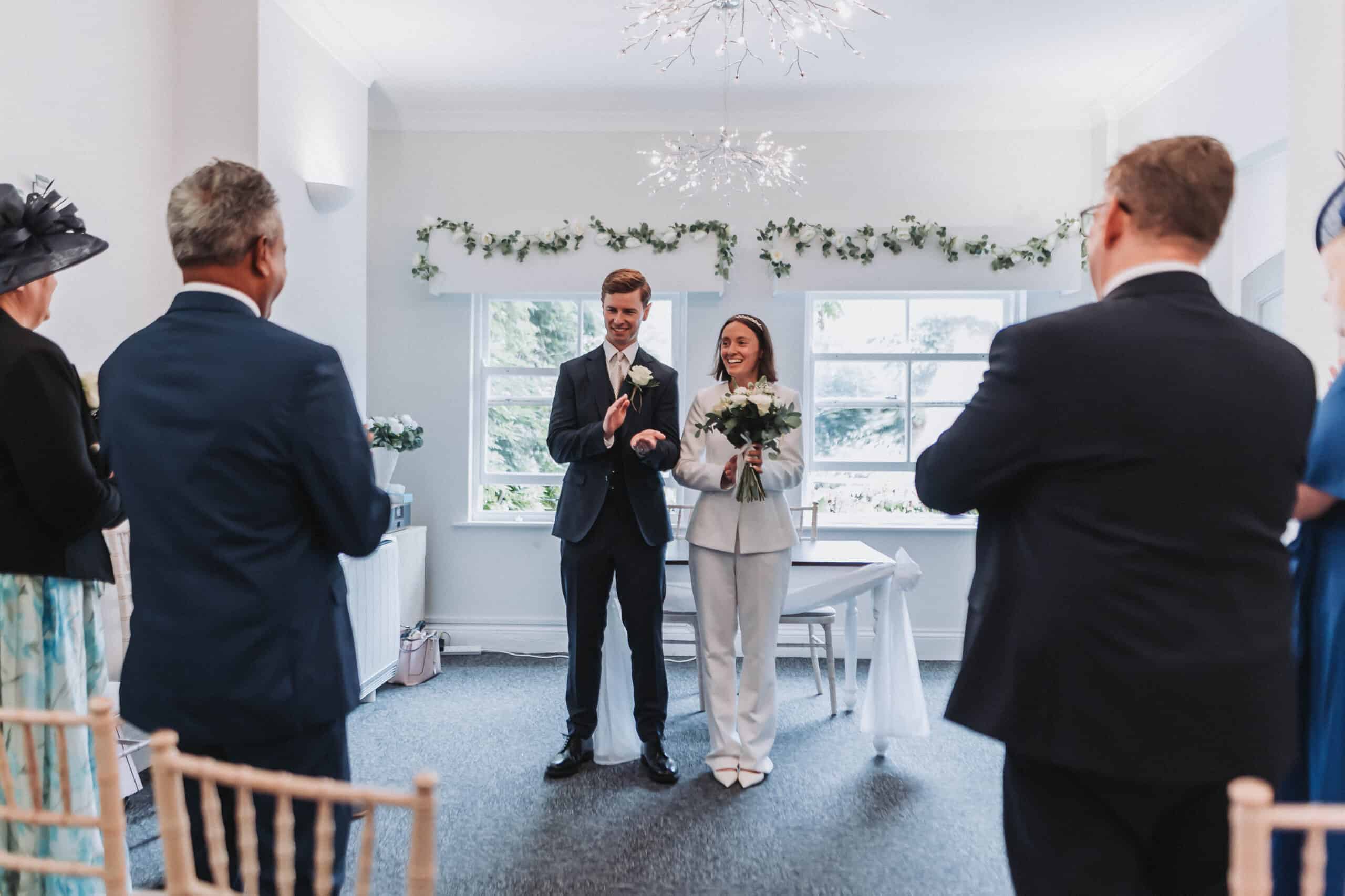 Hollie and Adam elopement wedding at King’s Lynn registry office with their dog, stylish couple from Essex
