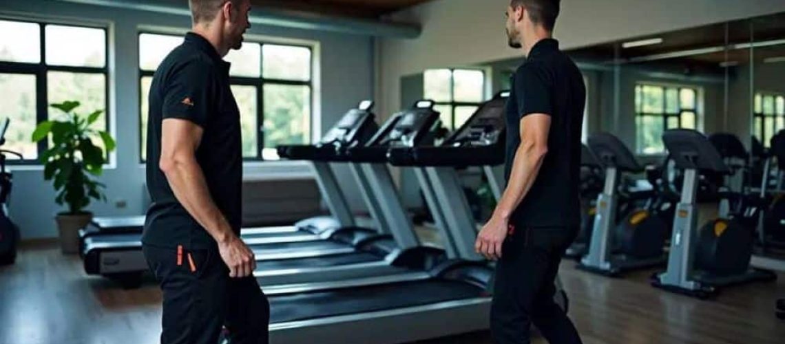 Two movers handling gym equipment in a fitness center for safe relocation.