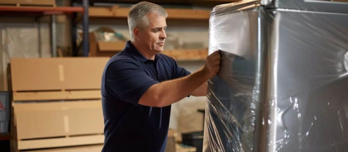 Man moving a commercial refrigerator carefully in Edmonton warehouse.
