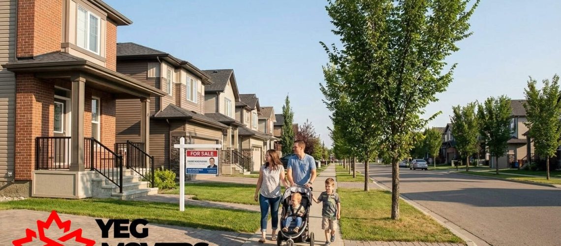 Family walking in a suburban neighborhood in St. Albert, Alberta.