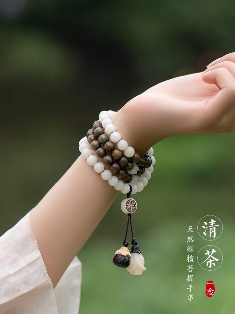 溫潤潔淨白玉菩提根綠檀木毛衣鏈：圖片 2