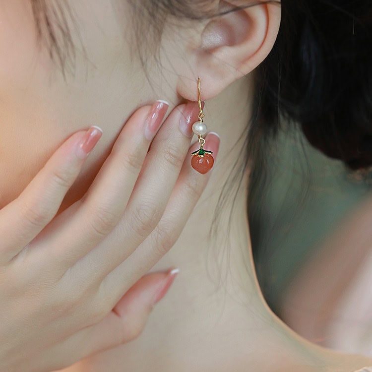 蜜桃硬糖天然紅瑪瑙桃子耳環：圖片 2