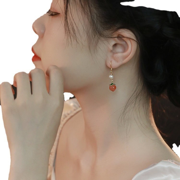 蜜桃硬糖天然紅瑪瑙桃子耳環：圖片 5