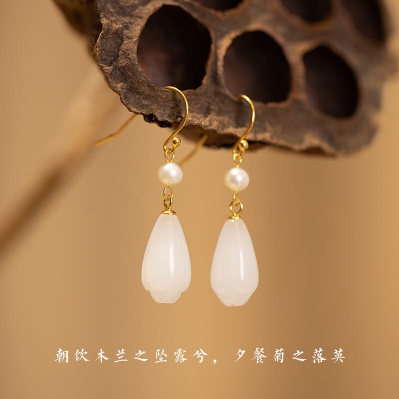 玉蘭芳國風優雅玉蘭花和田玉耳環：圖片 2