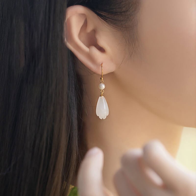 玉蘭芳國風優雅玉蘭花和田玉耳環：圖片 6