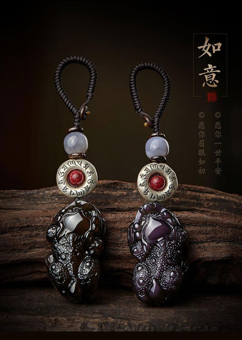 招財貔貅黑曜石六字真言轉運鑰匙扣 整體展示