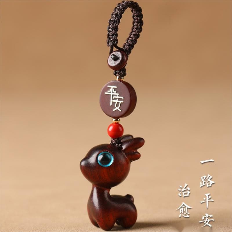 一鹿平安檀木小鹿鑰匙扣汽車掛件：圖片 2