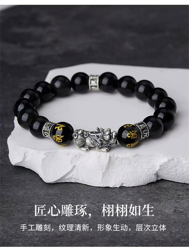 《財源廣進》999銀招財貔貅黑曜石手串