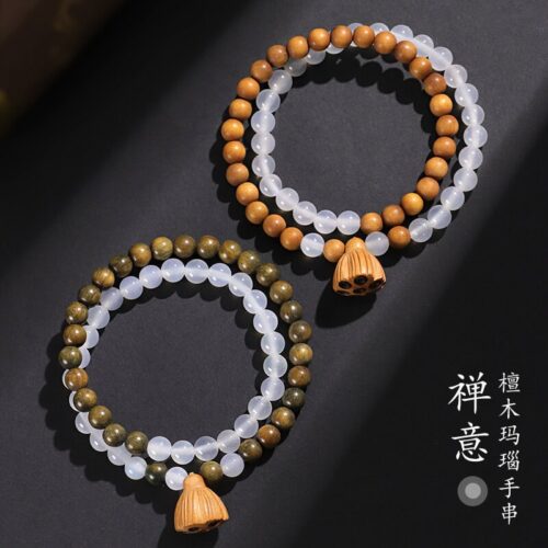 禪意白瑪瑙綠檀木雙圈串珠手鏈男女款