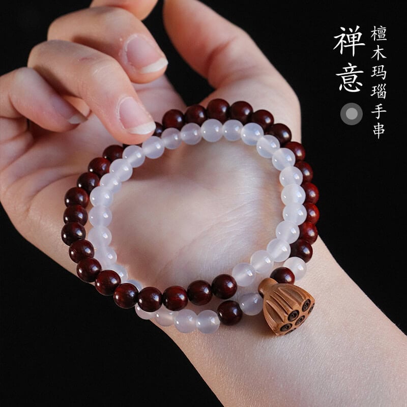禪意白瑪瑙綠檀木雙圈串珠手鏈男女款：圖片 2