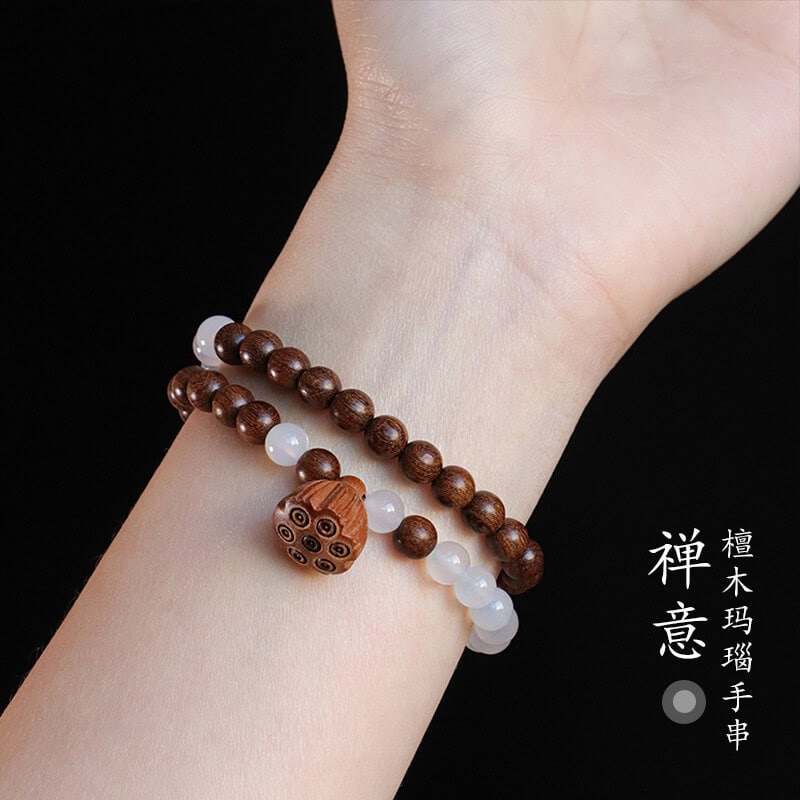 禪意白瑪瑙綠檀木雙圈串珠手鏈男女款：圖片 3