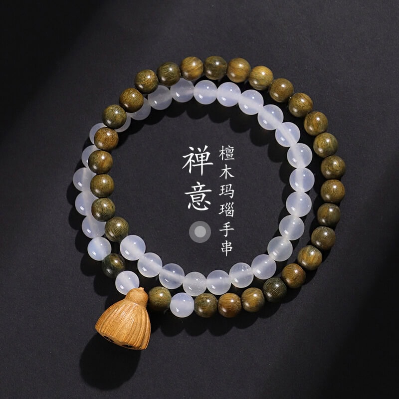 禪意白瑪瑙綠檀木雙圈串珠手鏈男女款：圖片 4
