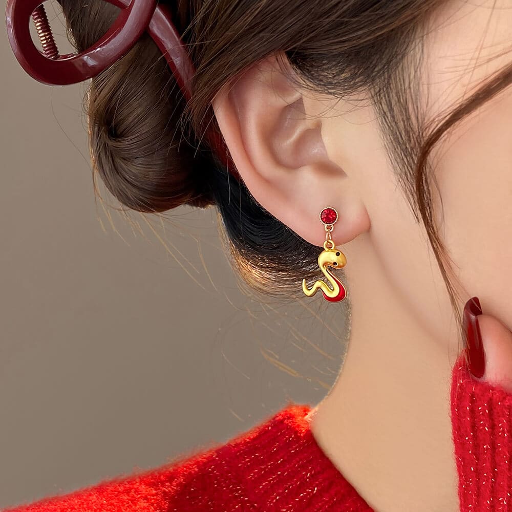 《小金蛇》滴油紅色蛇形耳釘女本命年耳環