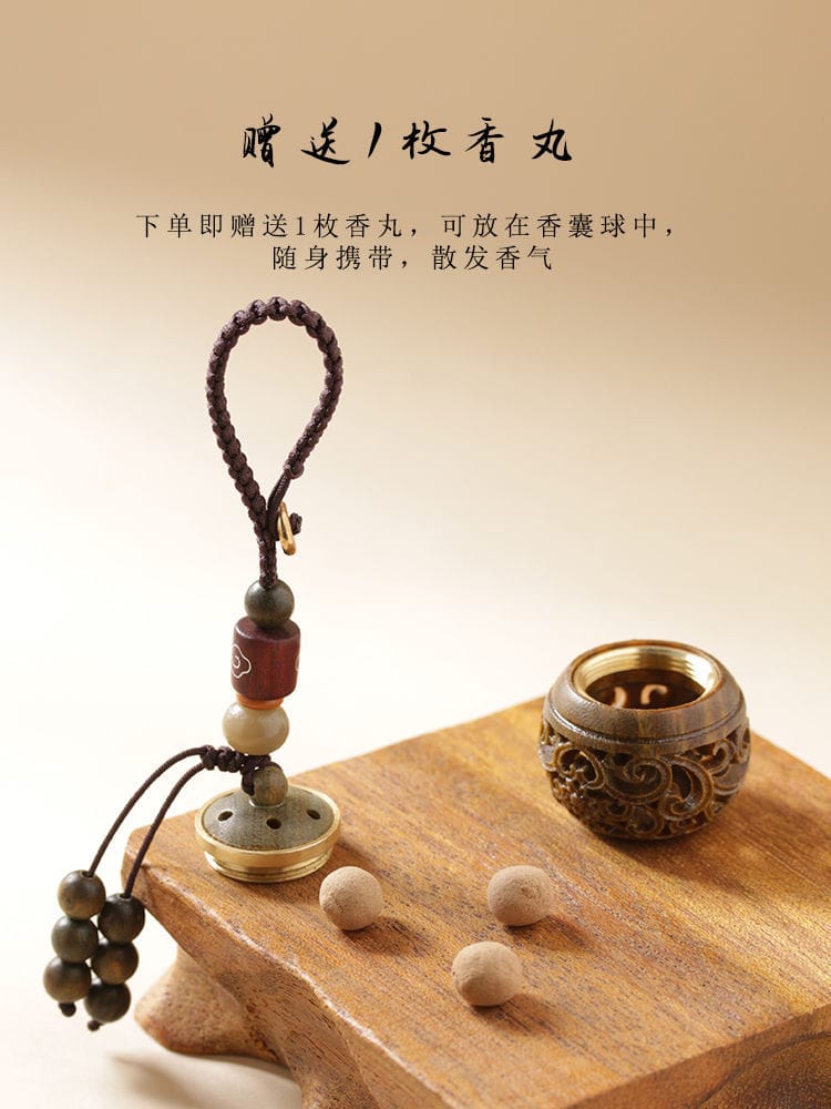 蓮花香囊綠檀木玲瓏鏤空手機鏈鑰匙扣：圖片 4