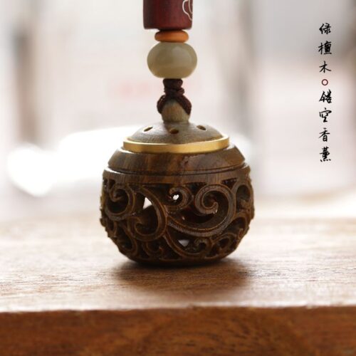 蓮花香囊綠檀木玲瓏鏤空手機鏈鑰匙扣：圖片 5